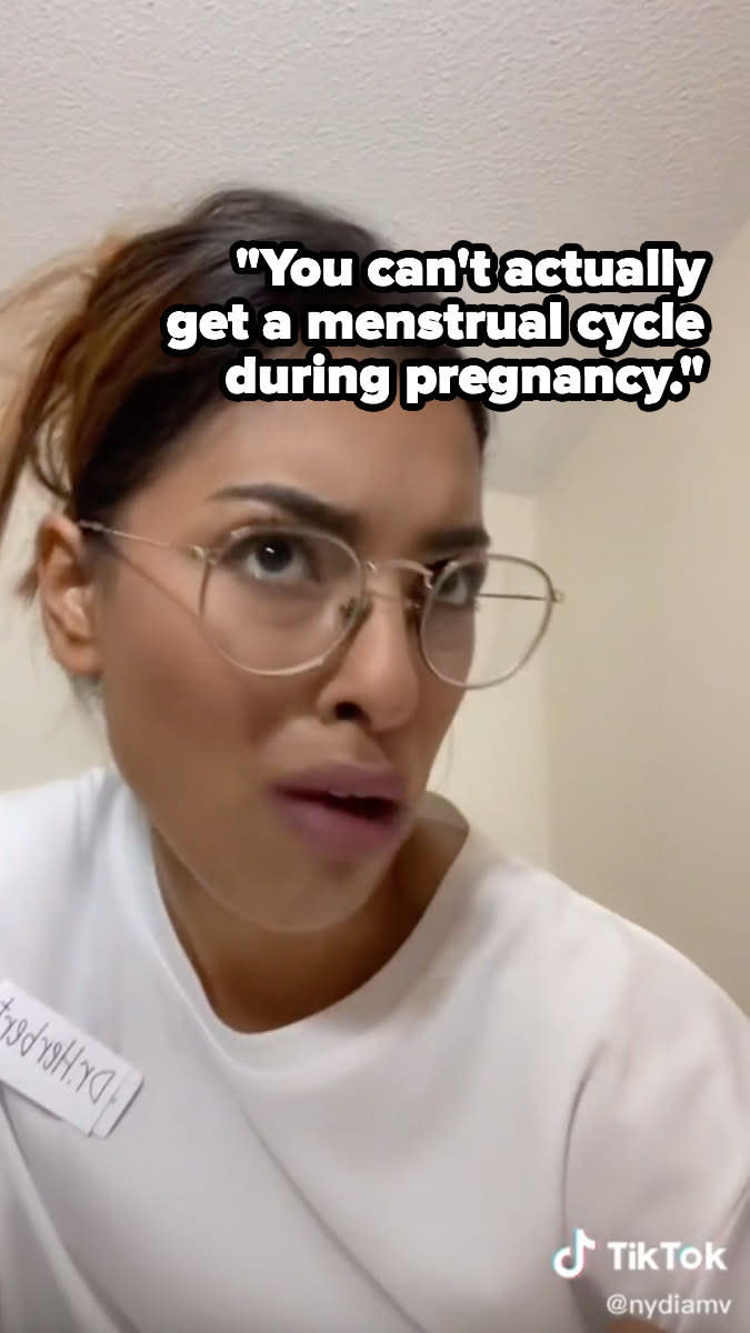 Nydia pretending to be her doctor and explaining that bleeding during pregnancy is normal and that it wasn't