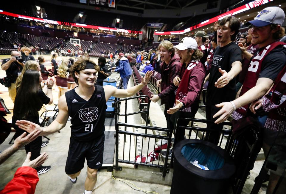 Missouri State freshman Nick Kramer is congratulated by fans after the Bears won in double overtime against the Drake Bulldogs at Great Southern Bank Arena on Wednesday, Jan. 24, 2024.