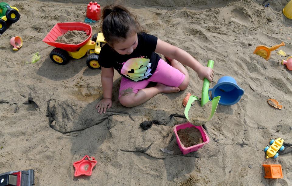 Addie Haywood, 4, of Canton plays in the sandbox at North Park in Jackson Township.