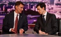 Britain's prime ministerial candidate Jeremy Hunt and Rory Stewart appear on BBC TV's The Andrew Marr Show in London