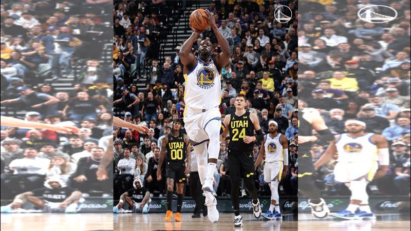 勇士格林（Draymond Green）砍進特大號「Logo Shot」。（圖／翻攝自勇士隊官方X）