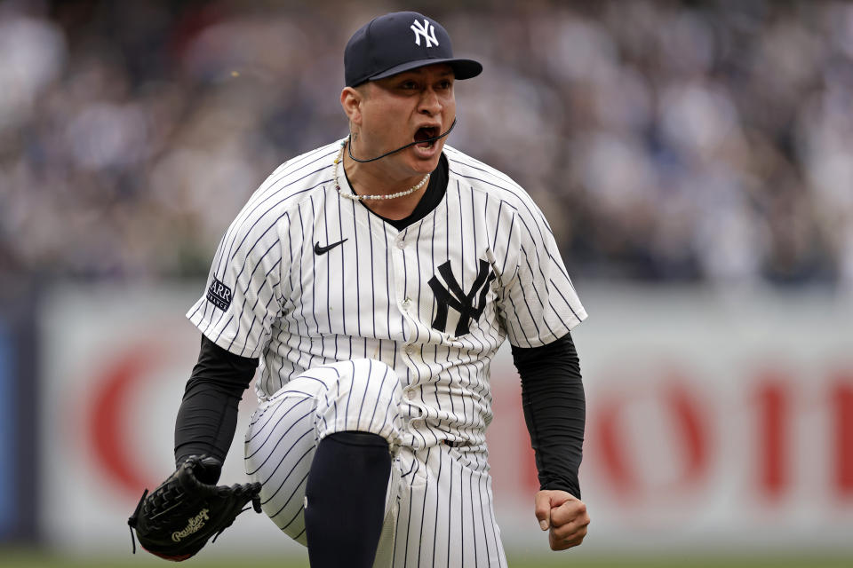 New York Yankees pitcher Victor González reacts after throwing out Tampa Bay Rays' Harold Ramírez to end the ninth inning of a baseball game Sunday, April 21, 2024, in New York. (AP Photo/Adam Hunger)