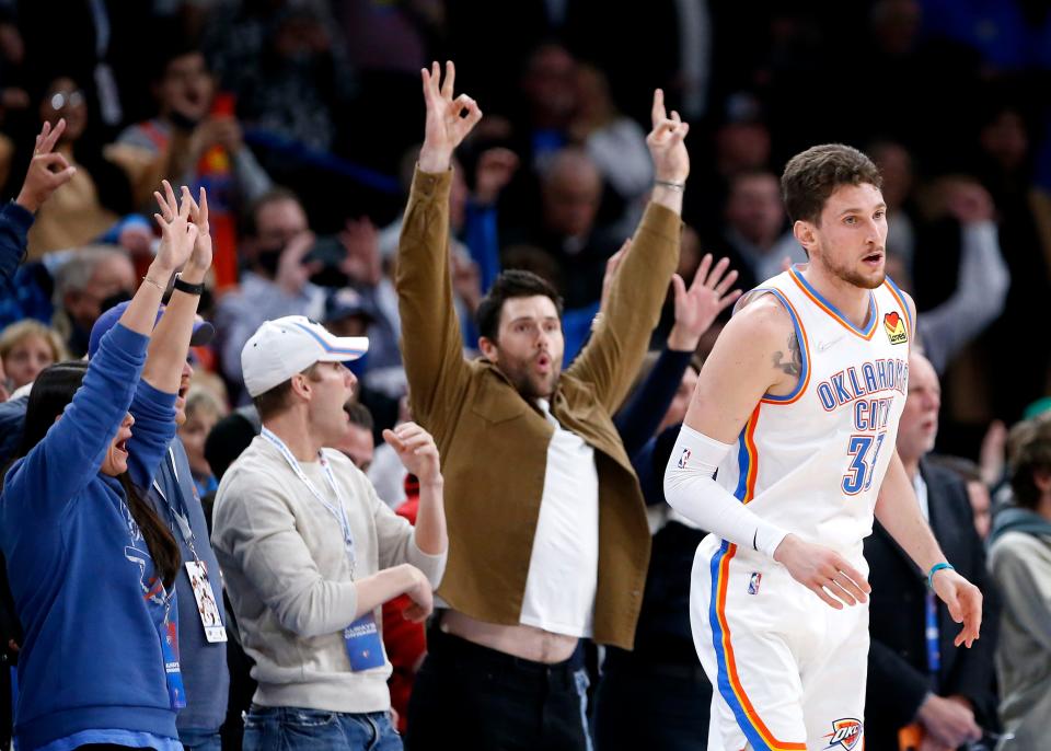 The crowd reacts after an Thunder center Mike Muscala (33) makes a 3-pointer against the Cavaliers on Jan. 15.