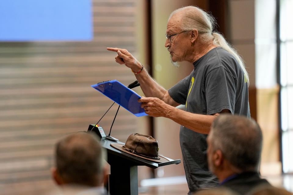 Paul Klein speaks during a Tennessee Valley Authority Board of Directors listening session Wednesday, May 8, 2024, in Nashville, Tenn. The nation’s largest public utility is moving ahead with a plan for a new natural gas plant in Tennessee despite warnings that its environmental review of the project doesn't comply with federal law. (AP Photo/George Walker IV)