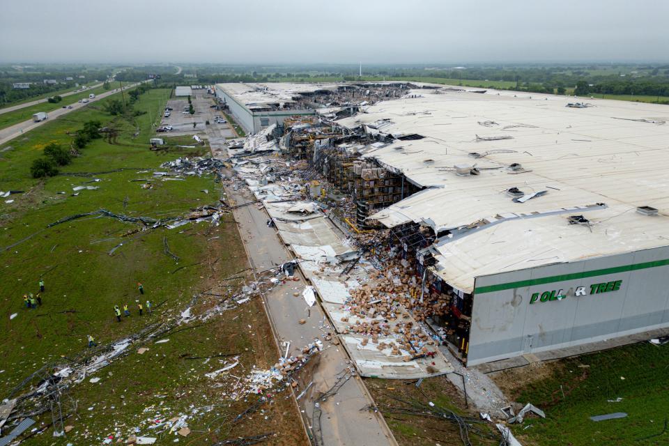 A Dollar Tree warehouse is pictured on Monday, April 29, 2024, after a tornado ripped through Marietta, Okla., on Saturday.