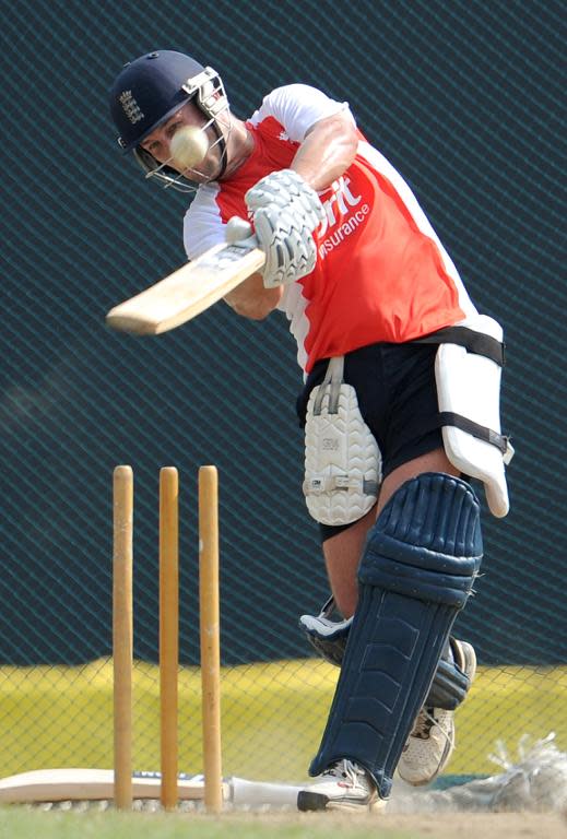 Jonathon Trott bats in the nets as the team trains at the The R. Premadasa Cricket Stadium in Colombo on March 25, 2011