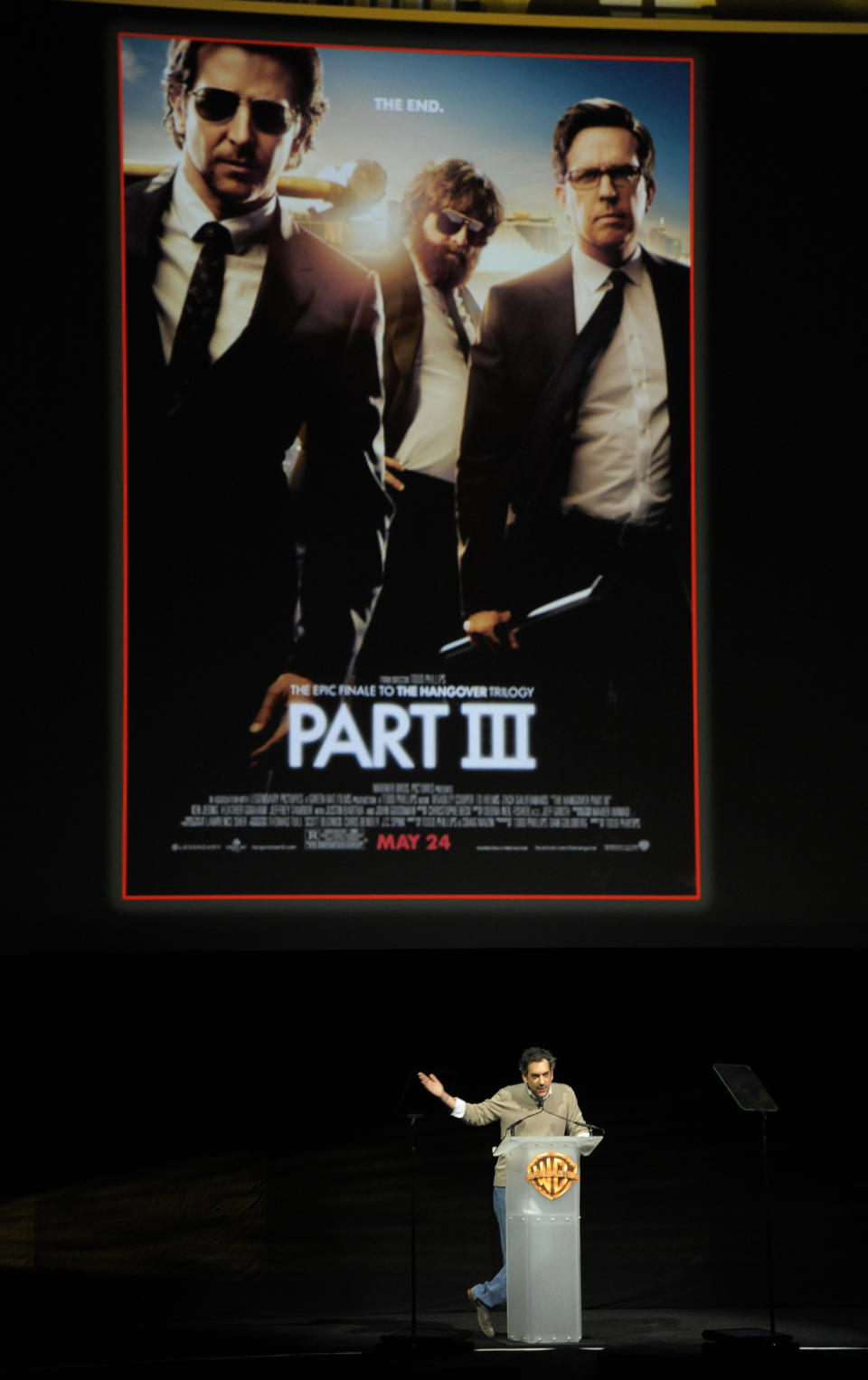 Todd Phillips, director of the forthcoming film "The Hangover Part III," talks about the film during the Warner Bros. presentation at CinemaCon 2013 at Caesars Palace on Tuesday, April 16, 2013 in Las Vegas. (Photo by Chris Pizzello/Invision/AP)