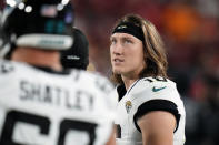 Jacksonville Jaguars quarterback Trevor Lawrence (16) paces in the bench area after he was injured during the second half of an NFL football game against the Tampa Bay Buccaneers Sunday, Dec. 24, 2023, in Tampa, Fla. (AP Photo/Chris O'Meara)