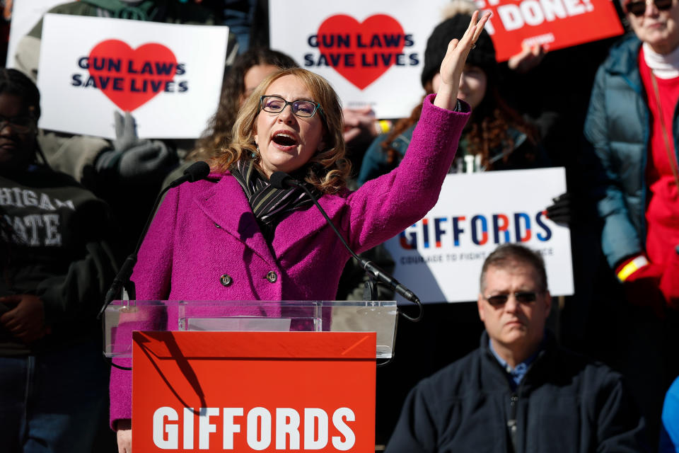 LANSING, MI - MARCH 15: Former Rep. Gabby Giffords (D-AZ), who survived being shot during a 2011 mass shooting, speaks to a large crowd to demand action on gun safety at the Michigan State Capitol on March 15, 2023 in Lansing, Michigan. The rally comes after three gun safety bills passed the Michigan House last week and one month after three students were killed and five injured in a mass shooting at Michigan State University. (Photo by Chris duMond/Getty Images)