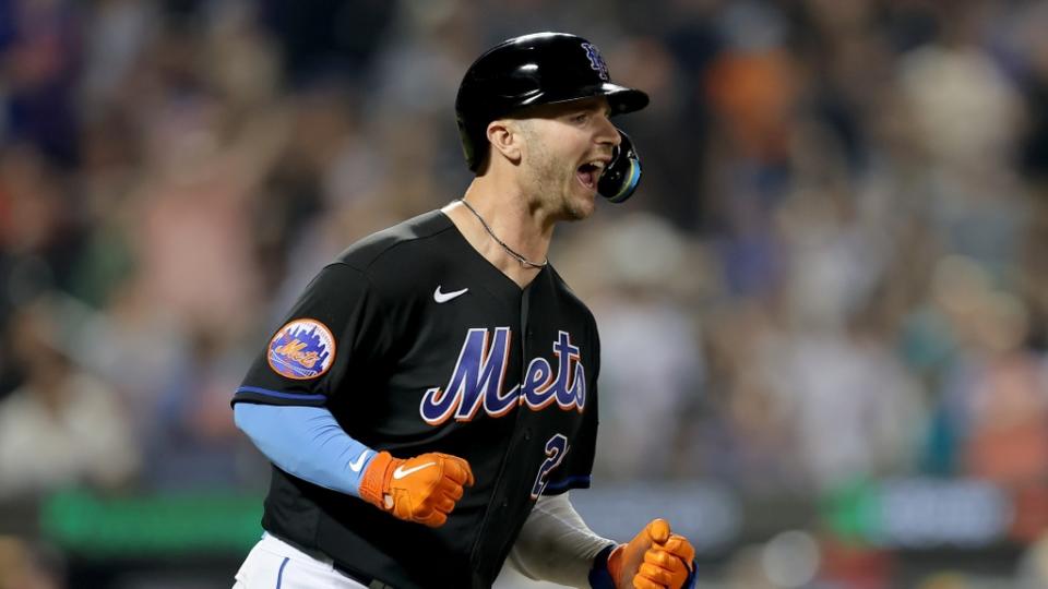 New York Mets first baseman Pete Alonso (20) reacts after hitting a two run home run against the Washington Nationals during the seventh inning at Citi Field. The home run was his second of the game.