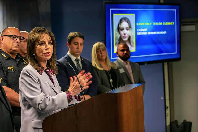 <p>Sipa USA/Alamy Live News</p> Miami-Dade County State Attorney Katherine Fernandez Rundle announcing Courtney Clenney's arrest