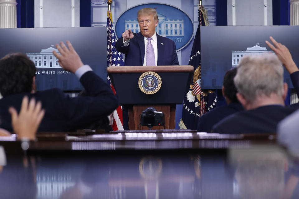 President Donald Trump speaks during a briefing with reporters in the James Brady Press Briefing Room of the White House, Wednesday, Aug. 5, 2020, in Washington. (AP Photo/Andrew Harnik)