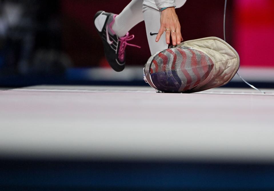 USA fencing mask at Tokyo Olympics. 