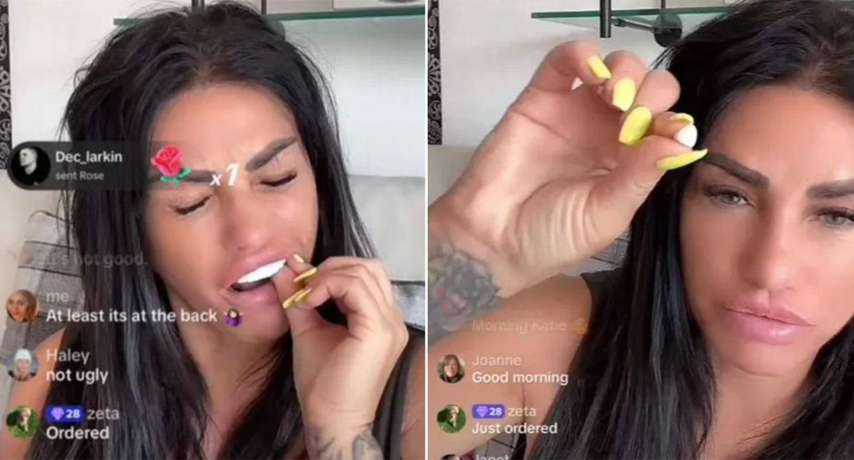 Katie Price found a loose veneer while livestreaming to fans online.  (TikTok)