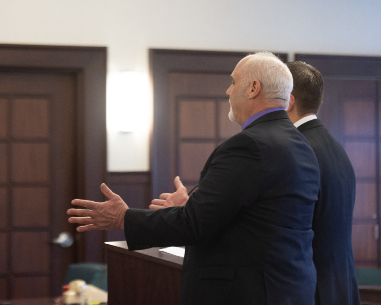 Jeffrey Allen, left, stands with his attorney, Don Malarcik, on Friday, Jan. 26, 2024, and speaks to Visiting Judge Thomas Pokorny during a sentencing hearing in Portage County Common Pleas Court.