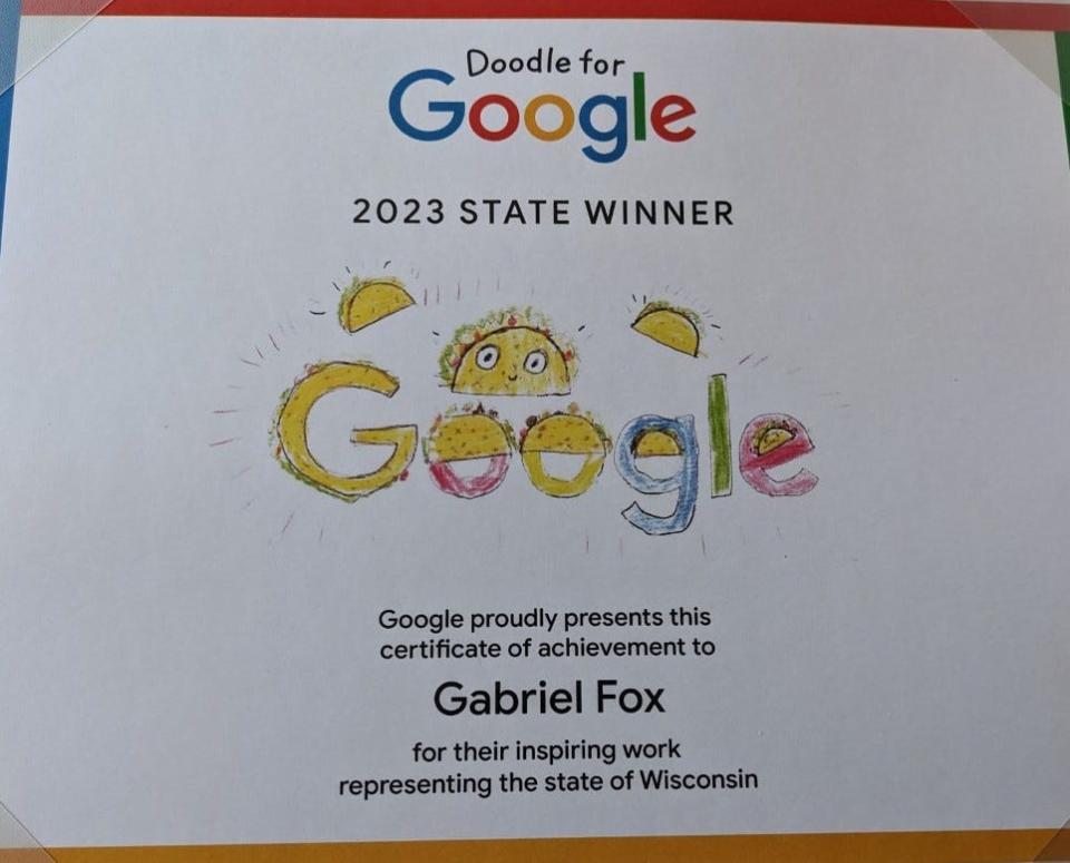 A certificate Gabriel Fox, a third grader at Trevor-Wilmot, was given for representing Wisconsin as one of the 55 U.S. state and territory winners in the 2023 Doodle for Google competition.