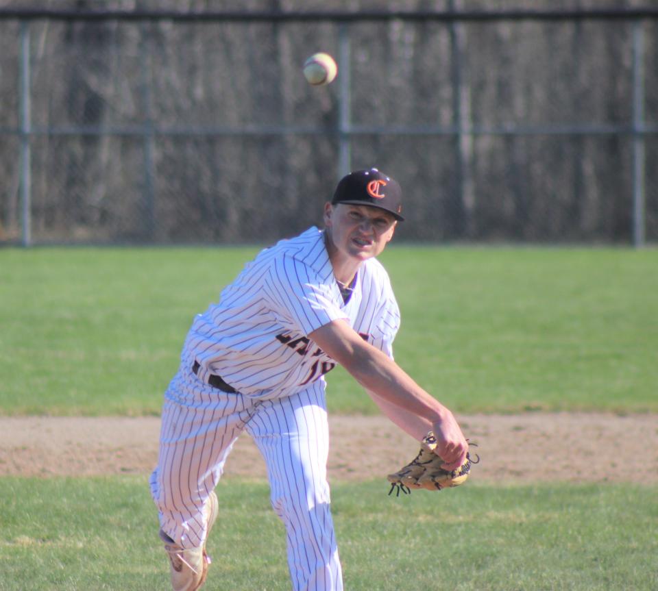Cheboygan sophomore James Charboneau fires a pitch during game one against Sault Ste. Marie on Wednesday.