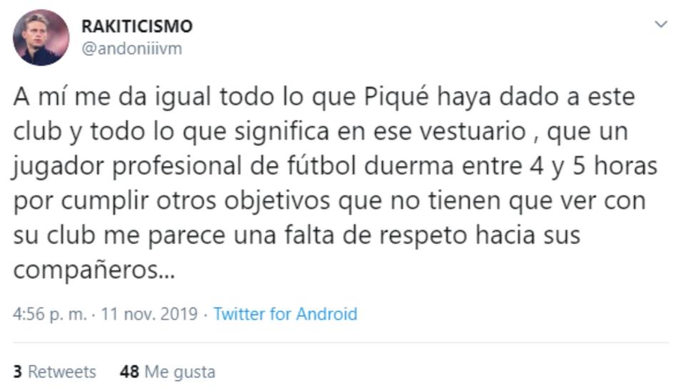 Los culés estallan contra Piqué después de que reconozca que solo duerme cuatro o cinco horas al día