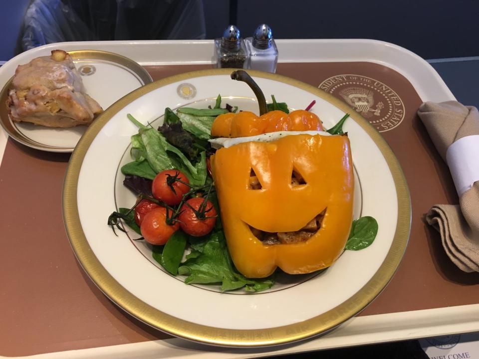 Photo shared by Michelle Kosinski of Air Force One Halloween themed meal with an unidentified side dish