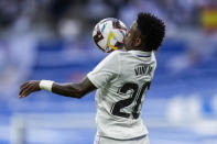 Real Madrid's Vinicius Junior controls the ball during their Spanish La Liga soccer match against Athletic Bilbao at the Santiago Bernabeu stadium in Madrid, Sunday, June 4, 2023. (AP Photo/Bernat Armangue)