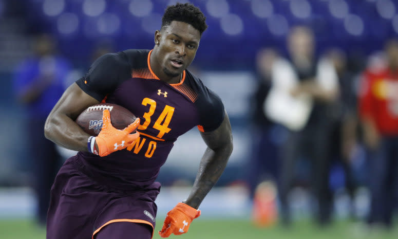 D.K. Metcalf runs after a catch at the NFL Combine.