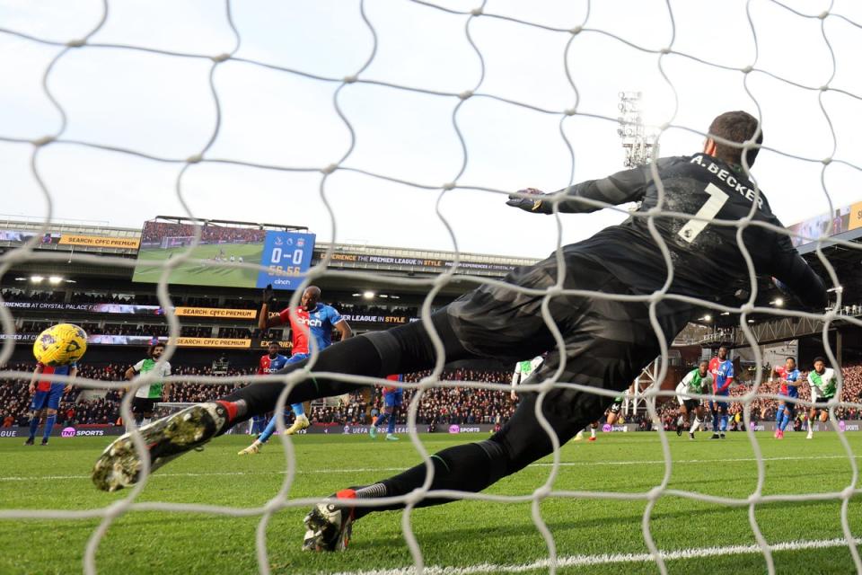 Crystal Palace's Jean-Philippe Mateta scores the opening goal from the penalty spot (AFP via Getty Images)