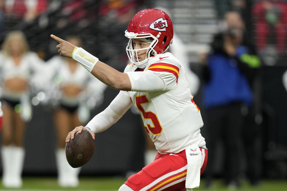 Patrick Mahomes and the Chiefs got back on track against the Raiders. (AP Photo/John Locher)