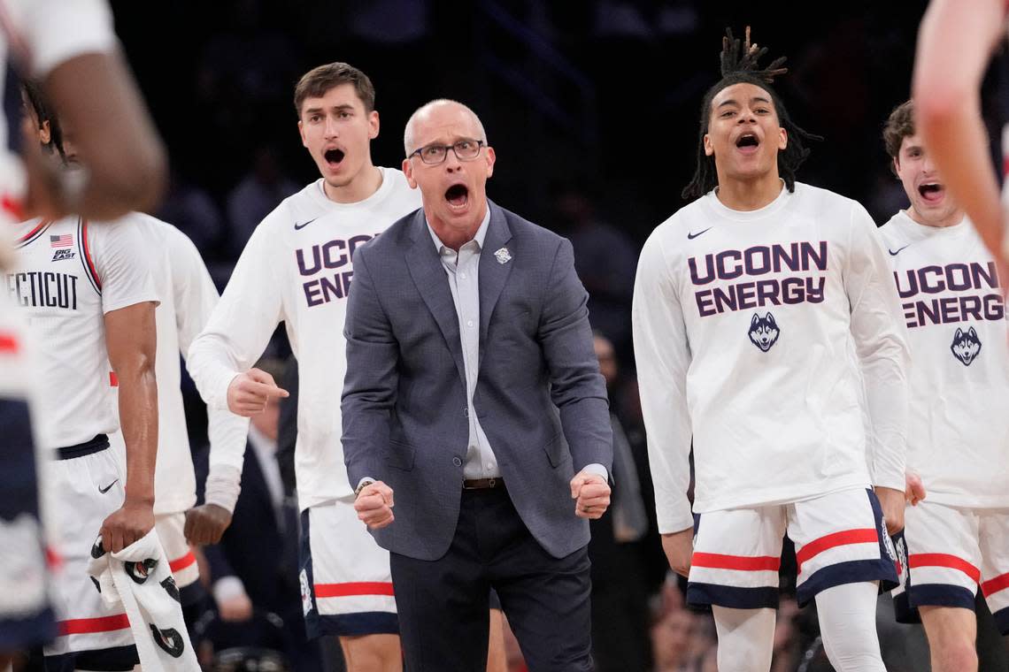Defending champion Connecticut, led by head coach Dan Hurley, is the No. 1 overall seed for the 2024 NCAA Tournament after Sunday night’s bracket reveal. Mary Altaffer/AP