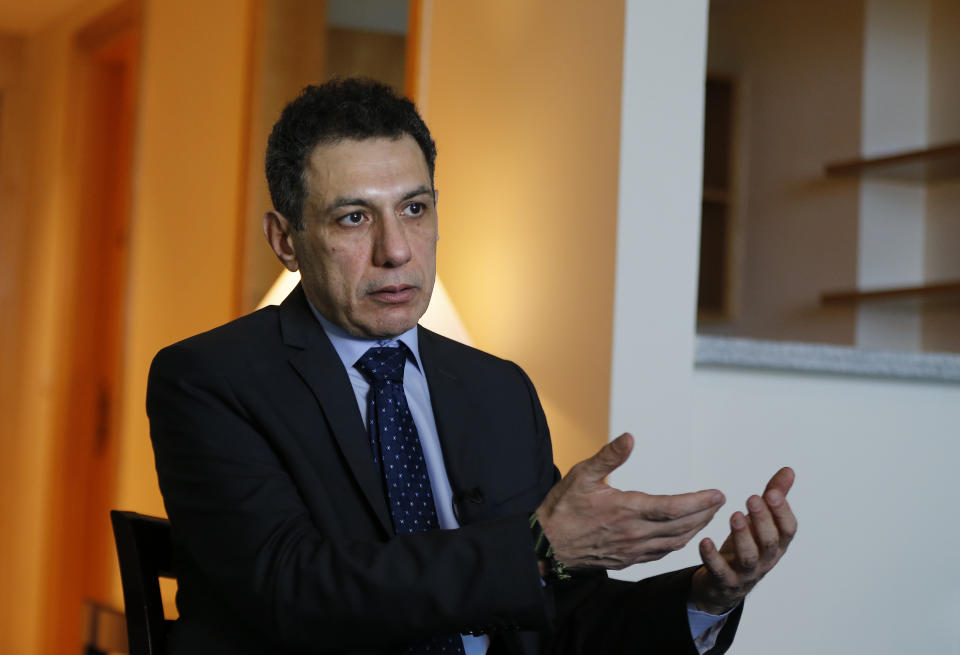 Nizar Zakka a Lebanese citizen and permanent U.S. resident who was released in Tehran after nearly four years in jail on charges of spying, speaks during an interview with The Associated Press at a hotel in Dbayeh, north of Beirut, Lebanon, Wednesday, June 12, 2019. Zakka, an information technology expert, who was detained in Iran in September 2015 while trying to fly out of Tehran called on President Donald Trump to "get back your hostages" from Iran. He was sentenced to 10 years in prison after authorities accused him of being an American spy - allegations vigorously rejected by Zakka, his family and associates. (AP Photo/Bilal Hussein)