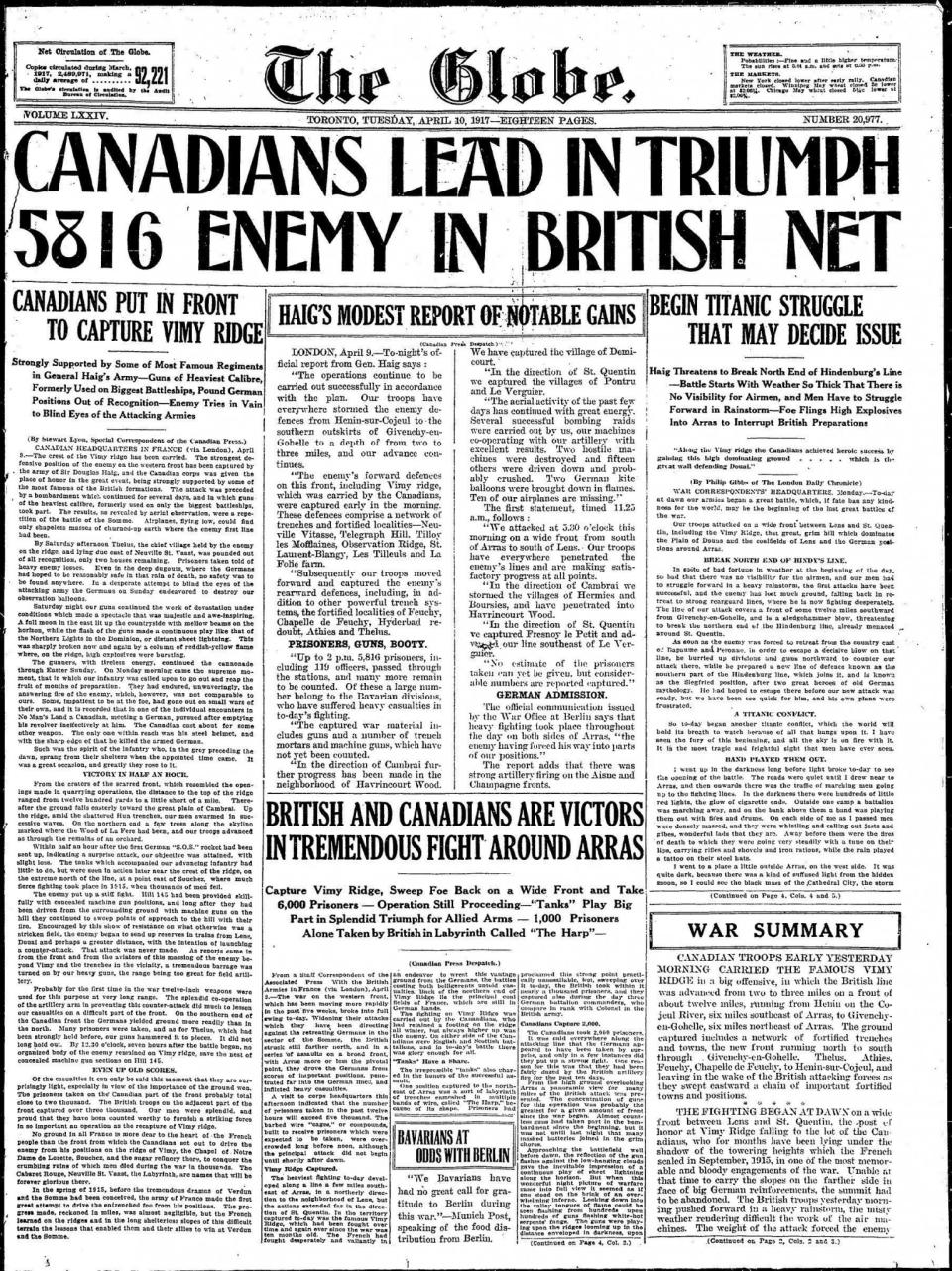 <p>The front page of <em>The Globe and Mail</em> on April 10, 1917, when Canadian soldiers captured Vimy Ridge. Photo from CP. </p>