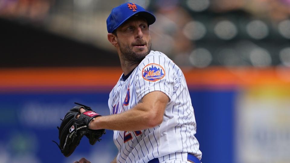 Aug 28, 2022;  New York City, New York, USA;  New York Mets pitcher Max Scherzer (21) delivers a pitch against the Colorado Rockies during the first inning at Citi Field.