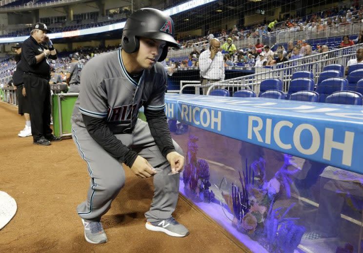 A ball boy removes broken glass from near the fish tank at Marlins Park. The glass was cracked on a foul ball by Miami's J.T. Realmuto. (AP)