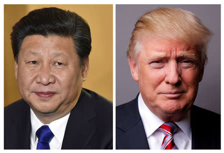 FILE PHOTO: A combination of file photos showing Chinese President Xi Jinping (L) at London's Heathrow Airport, October 19, 2015 and U.S. President Donald Trump posing for a photo in New York City, U.S., May 17, 2016. REUTERS/Toby Melville/Lucas Jackson/File Photos