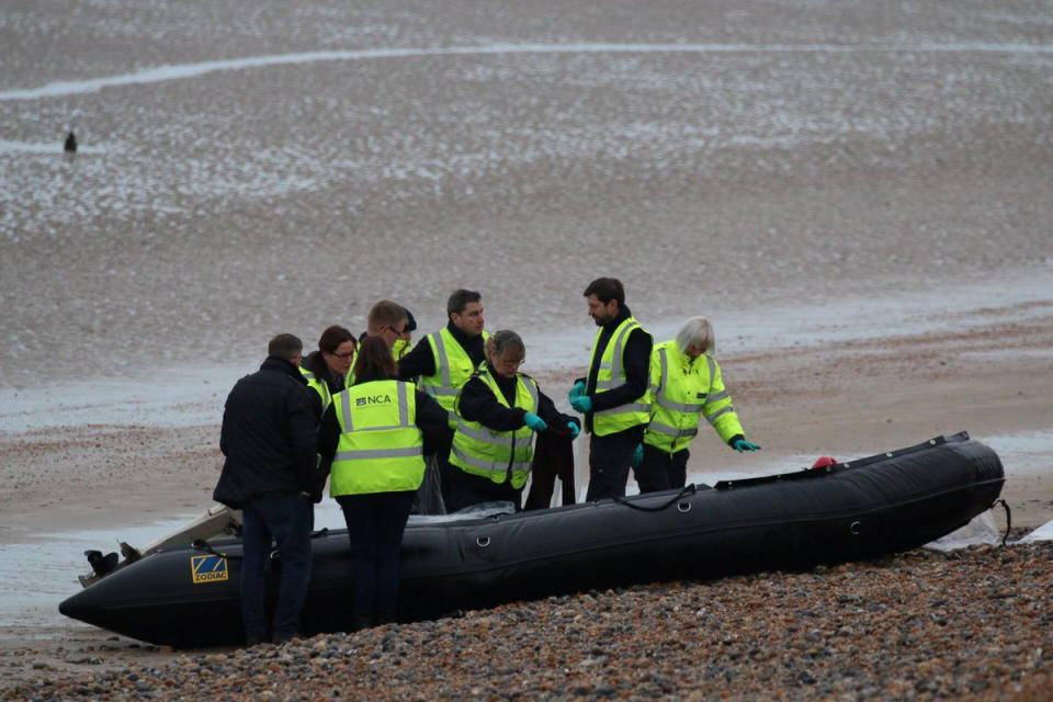 The Border Force intercepts a migrant dinghy off the Kent coast (Twitter/Susan Pilcher via Reuters)