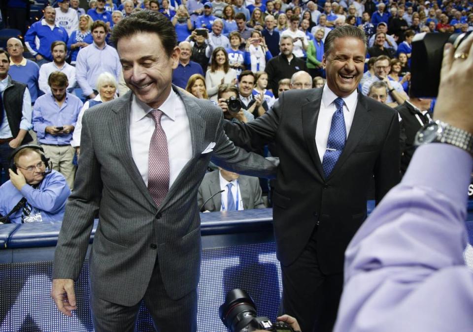 With the departure of John Calipari, right, as Kentucky head coach, Mark Pope, a disciple of Rick Pitino, left, is now the UK head man.