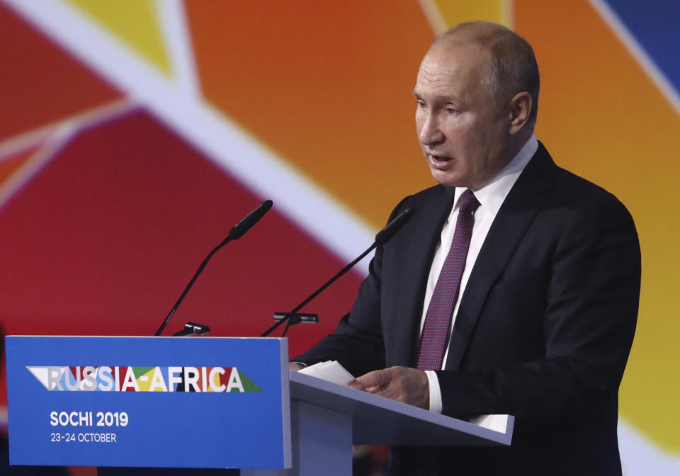 Russian President Vladimir Putin delivers his speech at the Russia-Africa summit in the Black Sea resort of Sochi, Russia, Wednesday, Oct. 23, 2019. (Alexander Ryumin, TASS News Agency Pool Photo via AP)