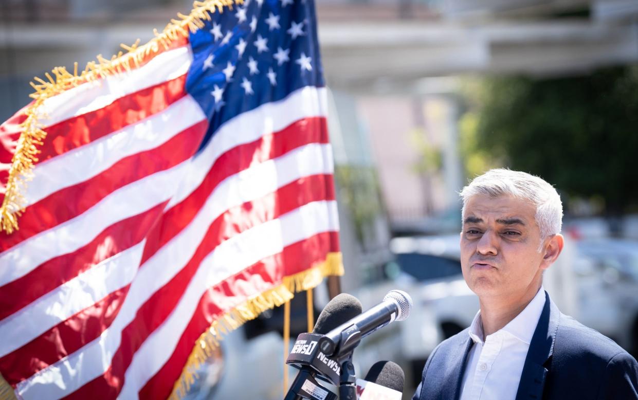 Mayor of London Sadiq Khan, pictured speaking during a visit to Los Angeles Clean Tech Incubator, did not make the 90-minute trip to the Sussex's home in Santa Barbara due to 'logistical' difficulties - Stefan Rousseau/PA