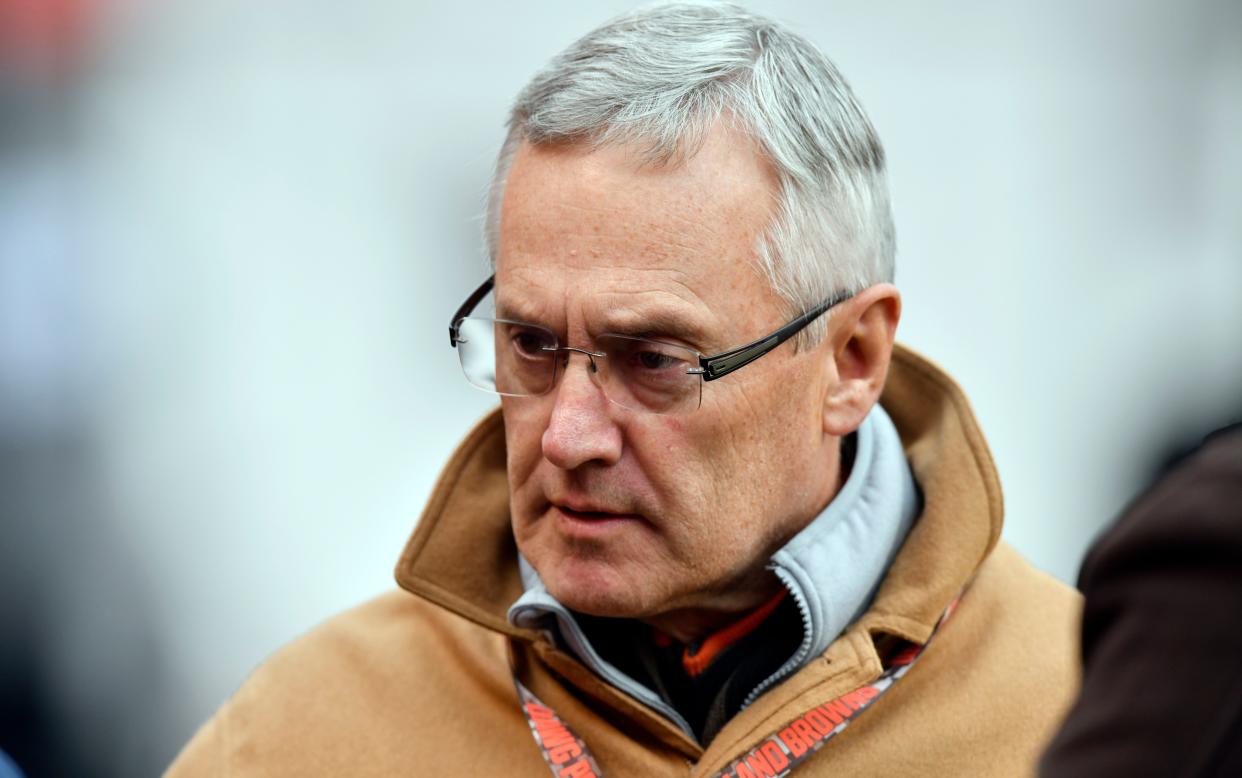Jim Tressel, president of Youngstown State University, is shown before a Browns' game vs. the Green Bay Packers, Sunday, Dec. 10, 2017, in Cleveland.