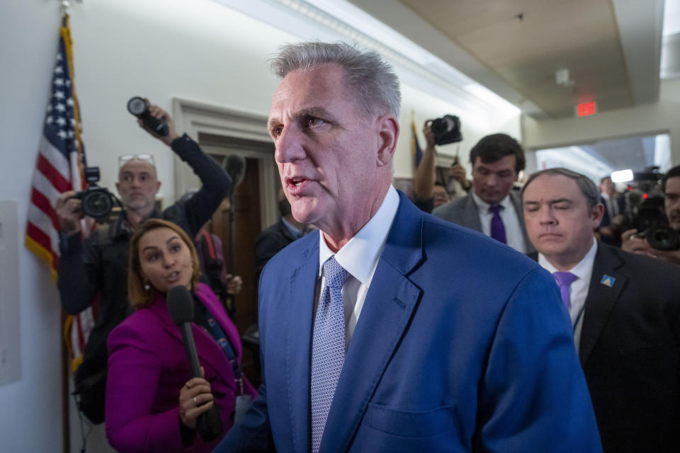 Former House Speaker Kevin McCarthy of Calif., arrives as Republicans meet to decide who to nominate to be the new House speaker, on Capitol Hill in Washington, late Tuesday, Oct. 24, 2023. (AP Photo/Alex Brandon)