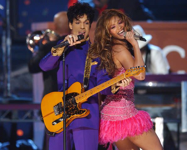 <p>M. Caulfield/WireImage</p> Prince and Beyoncé perform together at the 2004 Grammy Awards