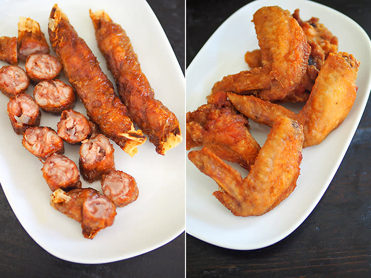 Their 'lorbak' is filled with tender meat flavoured with a milder tasting five spice powder sourced from Penang (left). Can you smell the 'belacan'? The fermented shrimp paste lends an appetising taste to these fried chicken wings (right).