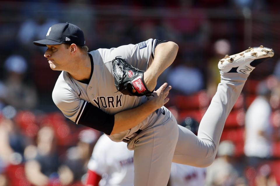 New York Yankees starting pitcher Michael King throws against the Boston Red Sox in the first inning during the first game of a baseball doubleheader in Boston, Thursday, Sept. 14, 2023,. (AP Photo/Michael Dwyer)