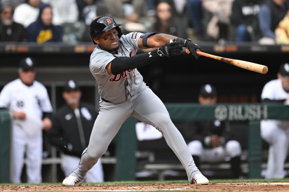 Detroit Tigers' Andy Ibanez hits a sacrifice fly in the third inning of the Opening Day game against the Chicago White Sox at Guaranteed Rate Field on Thursday, March 28, 2024 in Chicago.