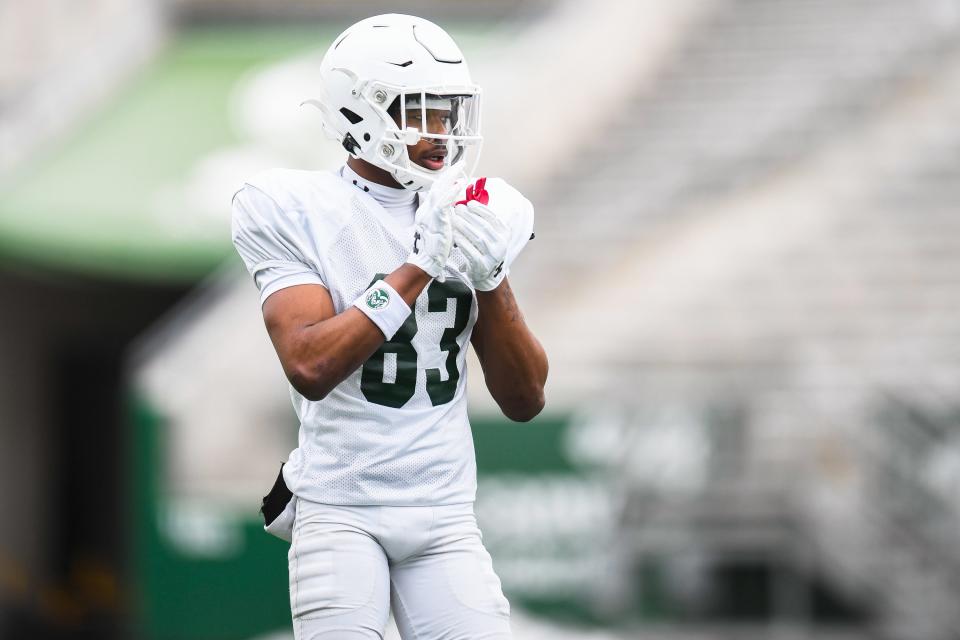 Colorado State's Louis Brown (83) sets up on the line of scrimmage during a practice at Canvas Stadium in Fort Collins on Saturday, April 8, 2023.