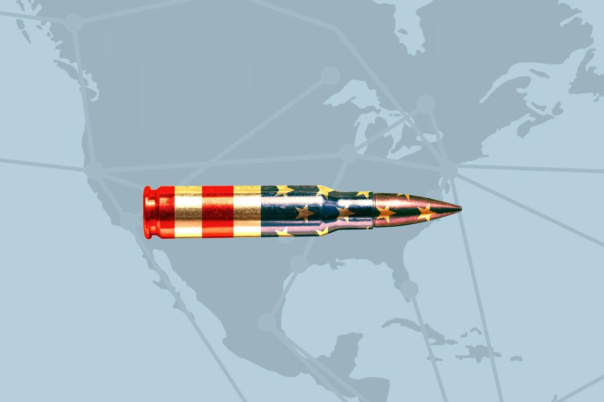 american flag bullet on top of flight map background