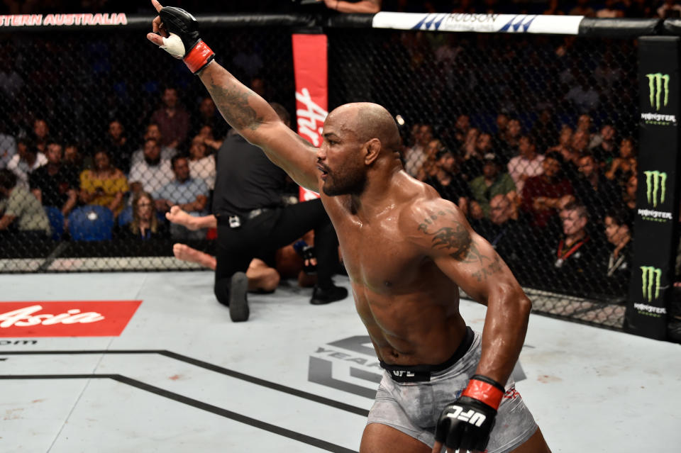 Yoel Romero celebrates his knockout victory over Luke Rockhold in the main event of UFC 221 in Perth, Australia. (Getty Images)