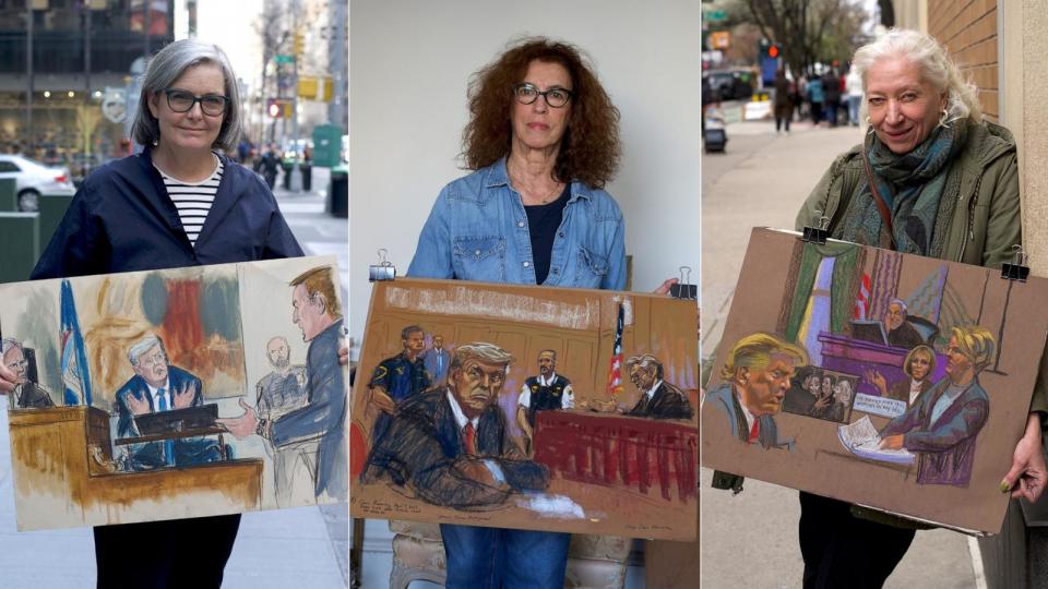 PHOTO: Elizabeth Williams, Jane Rosenberg, and Christine Cornell are the veteran sketch artists who are tasked with depicting former President Donald Trump's 2024 criminal hush money trial.  (Peter Charalambous/ABC News)