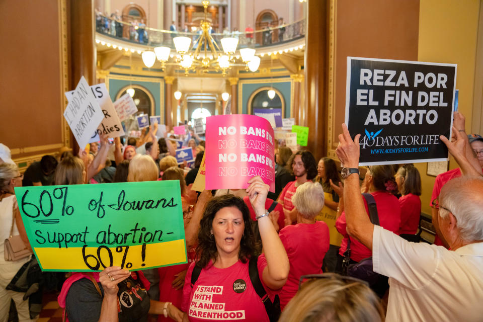 Demonstrators fill the Iowa Capitol rotunda, as the Iowa Legislature convenes for a special session to pass a 6-week 'fetal heartbeat' abortion ban on Tuesday, July 11, 2023.