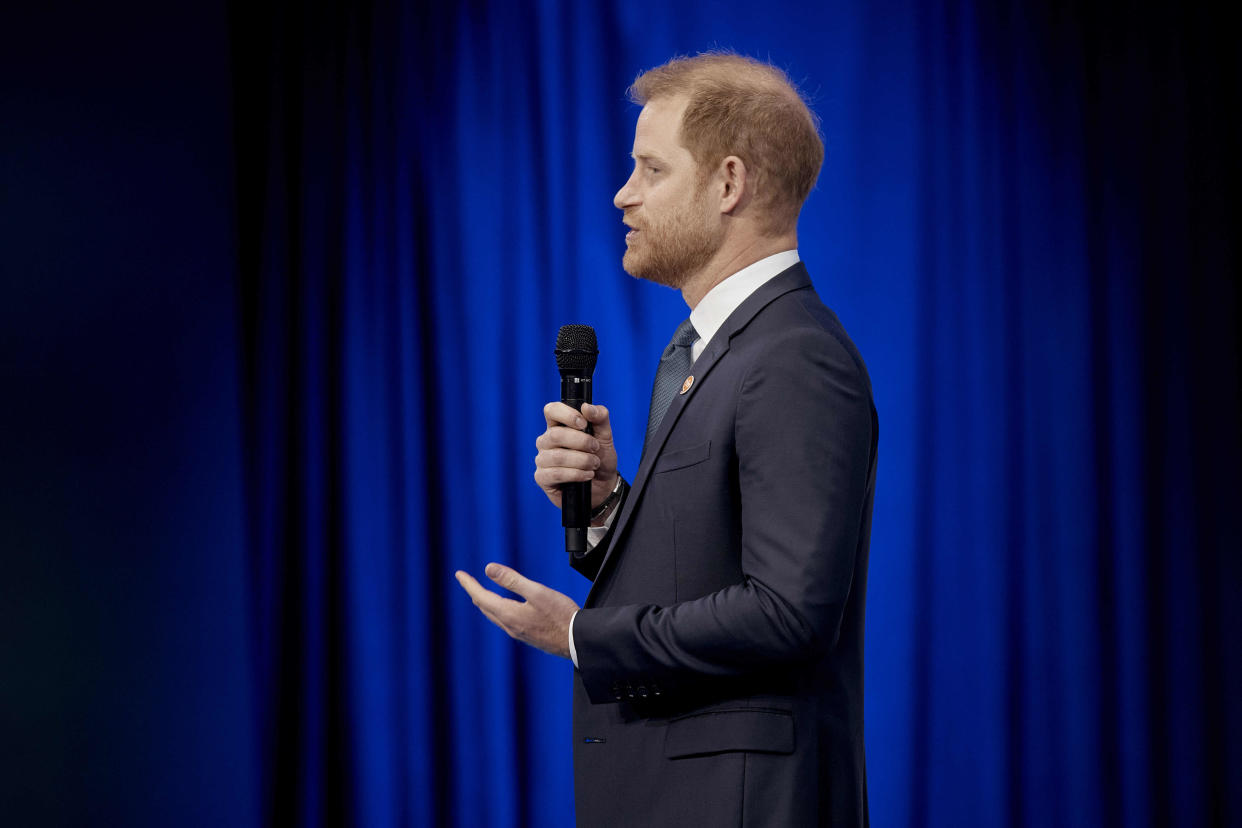 Prince Harry speaks during the Clinton Global Initiative, on Tuesday, Sept. 24, 2024, in New York. (AP Photo/Andres Kudacki)