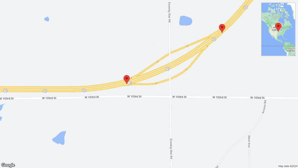 A detailed map that shows the affected road due to 'Heavy rain prompts traffic warning on eastbound K-10 in Eudora' on June 28th at 9:36 p.m.